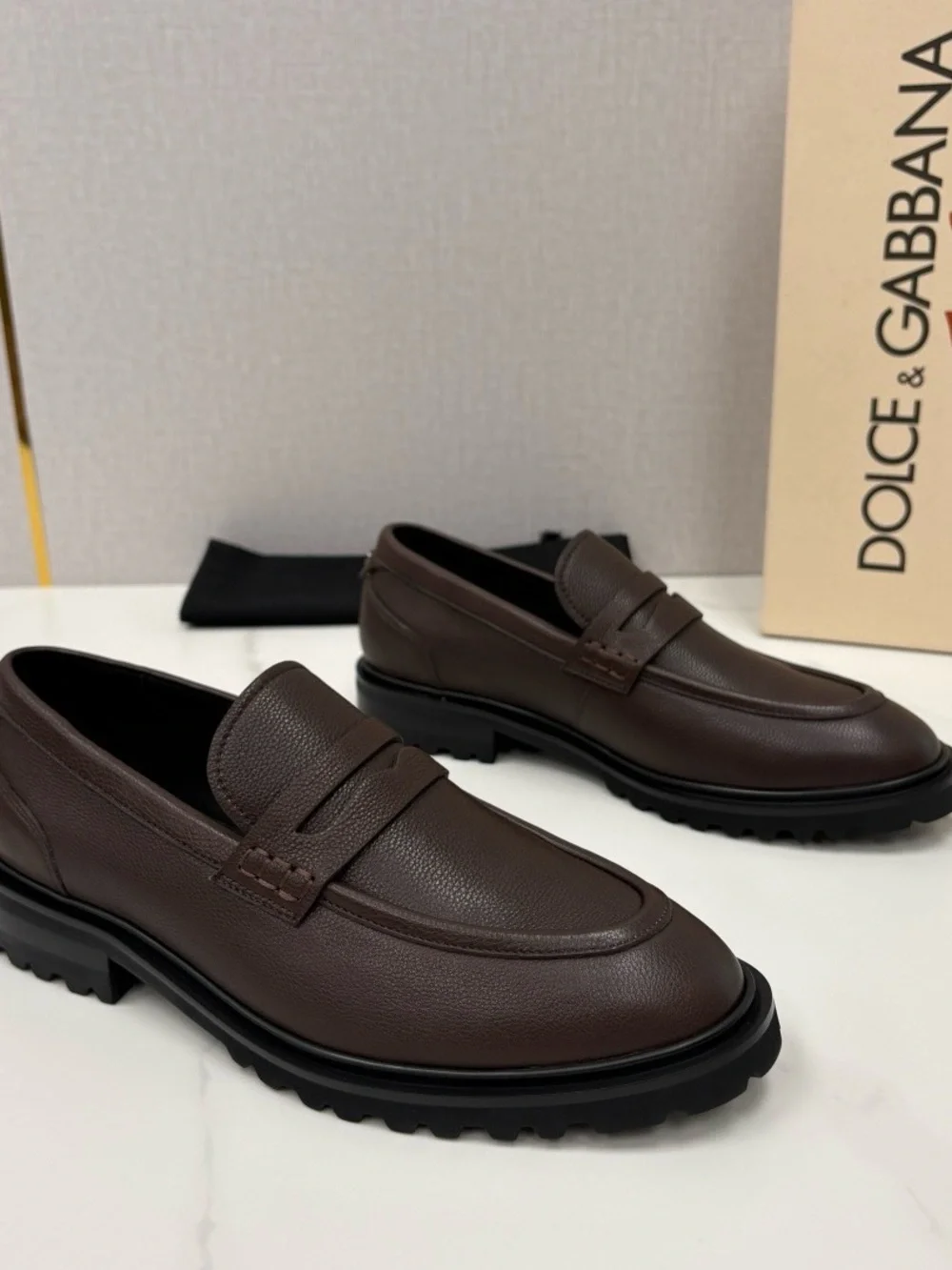Dolce & Gabbana Men’s Brown Pebbled Leather Penny Loafers